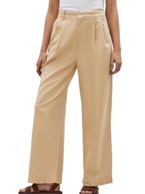 GAP Linen Cotton Wide Leg Trousers Size 6 Tan Pleated High Rise Pants